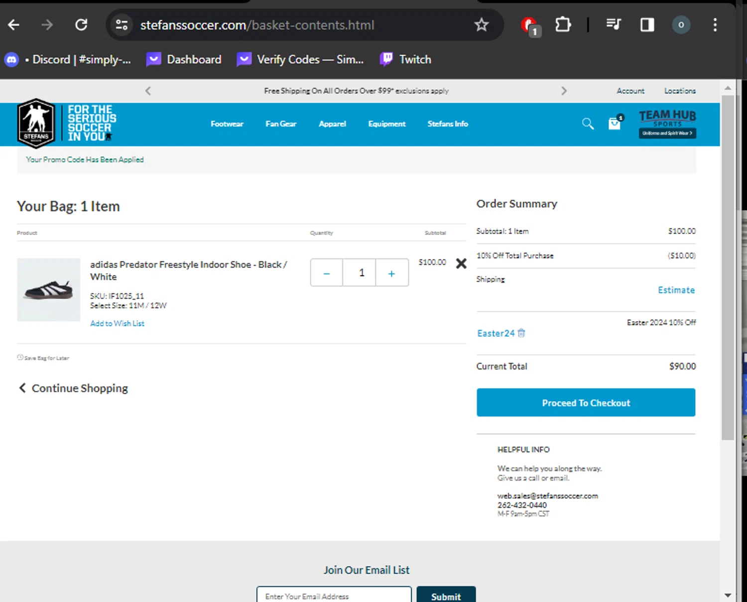 Stefans Soccer checkout page showing Stefans Soccer promo code box | Screenshot taken by SimplyCodes community member on Mar 31, 2024