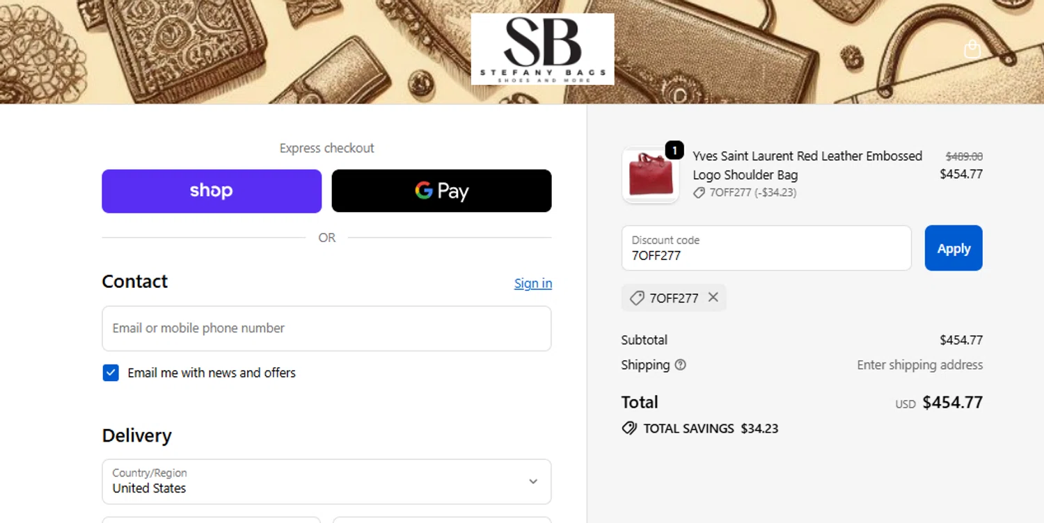 Stefany Bags Shoes and More promo code screenshot showing code 7OFF277 applied at Stefany Bags Shoes and More checkout page. Uploaded by SimplyCodes community member CleverWhiz2265 on Nov 2, 2025