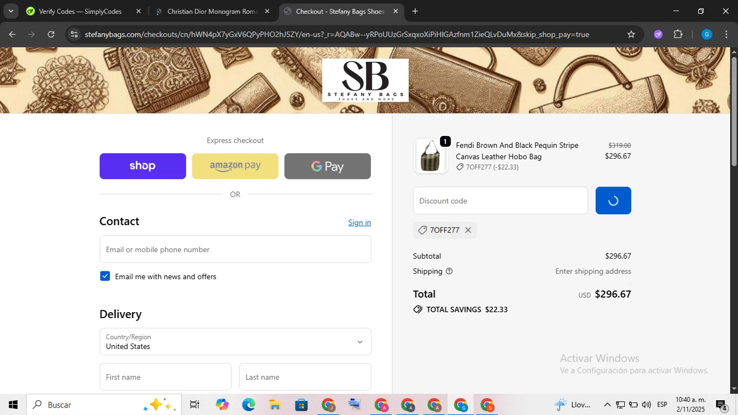 Stefany Bags Shoes and More promo code screenshot showing code 7OFF277 applied at Stefany Bags Shoes and More checkout page. Uploaded by SimplyCodes community member FrugalLynx8088 on Nov 2, 2025