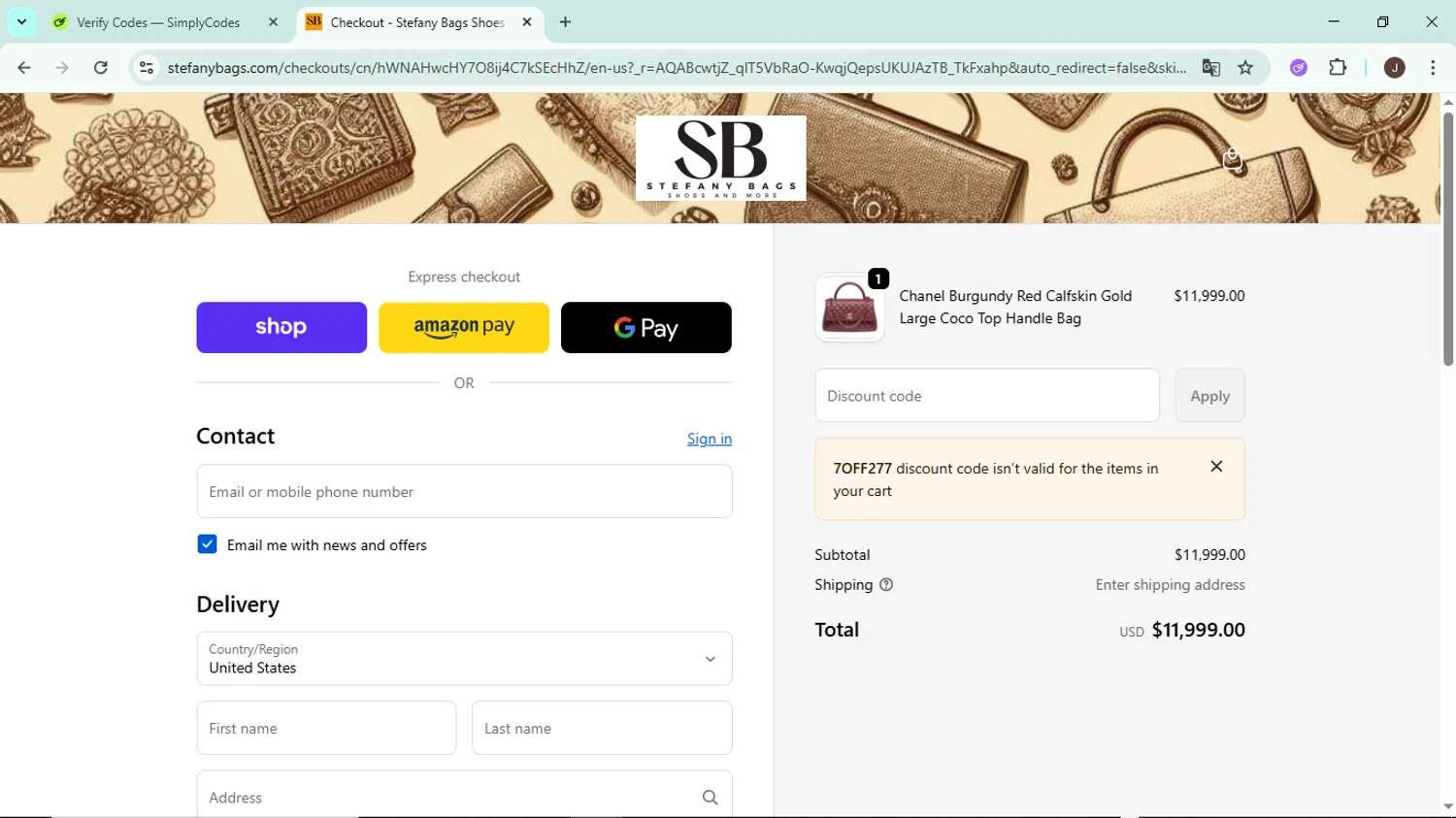 Stefany Bags Shoes and More promo code screenshot showing code 7OFF277 applied at Stefany Bags Shoes and More checkout page. Uploaded by SimplyCodes community member LegendaryAce8627 on Mar 26, 2026