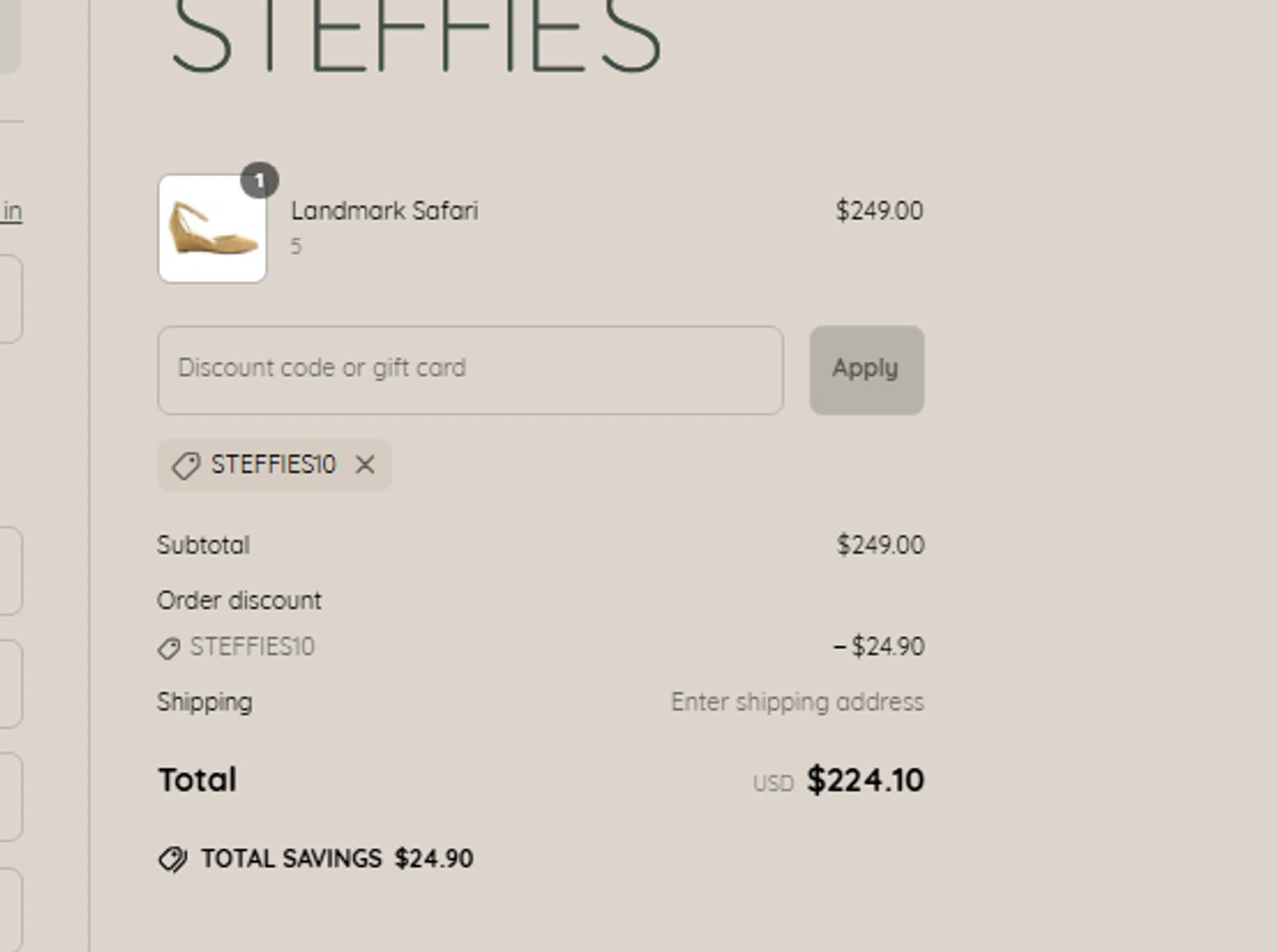 Steffie's promo code screenshot showing code STEFFIES10 applied at Steffie's checkout page. Uploaded by SimplyCodes community member CouponLion324 on Jun 8, 2025