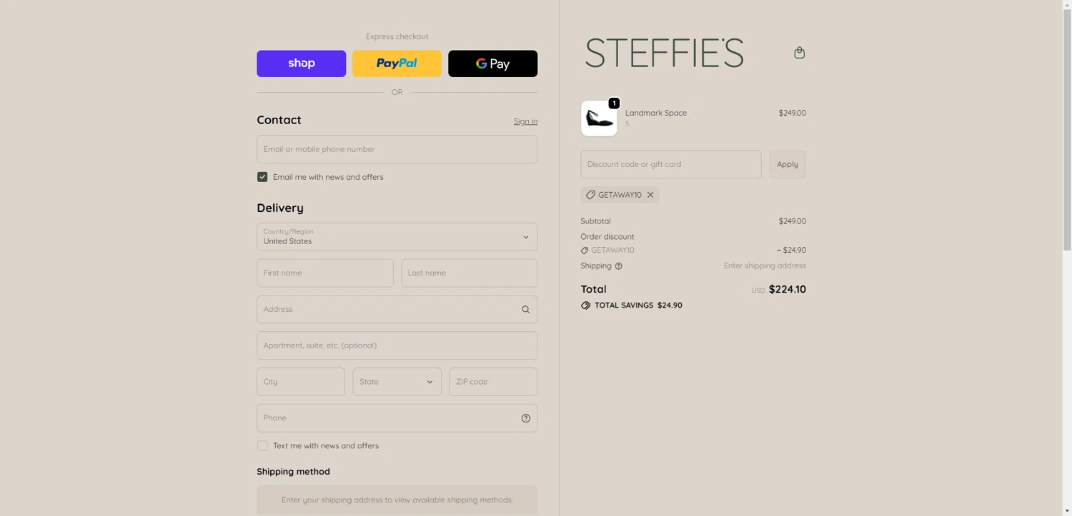 Steffie's promo code screenshot showing code GETAWAY10 applied at Steffie's checkout page. Uploaded by SimplyCodes community member NobleMaestro6498 on Dec 18, 2025