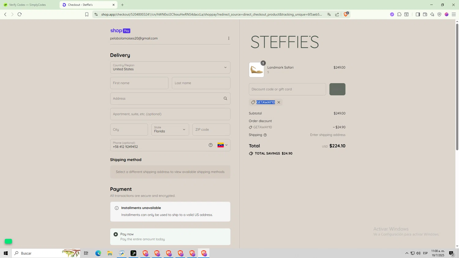 Steffie's promo code screenshot showing code GETAWAY10 applied at Steffie's checkout page. Uploaded by SimplyCodes community member 9p99p9p on Jul 19, 2025