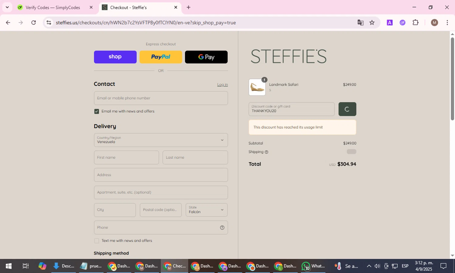 Steffie's promo code screenshot showing code THANKYOU20 applied at Steffie's checkout page. Uploaded by SimplyCodes community member FrugalGuardian6154 on Sep 4, 2025