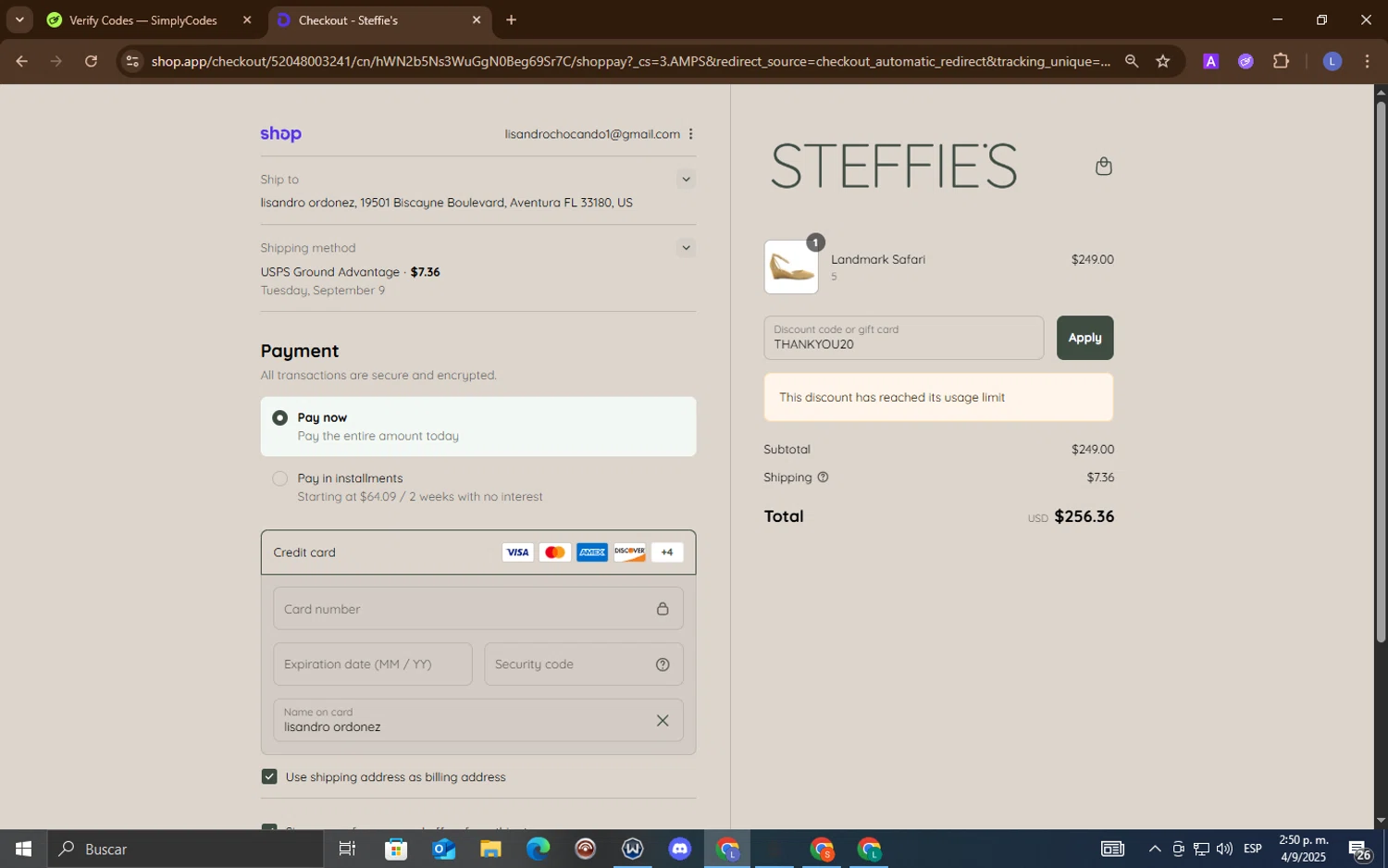 Steffie's promo code screenshot showing code THANKYOU20 applied at Steffie's checkout page. Uploaded by SimplyCodes community member LuckyEagle5535 on Sep 4, 2025
