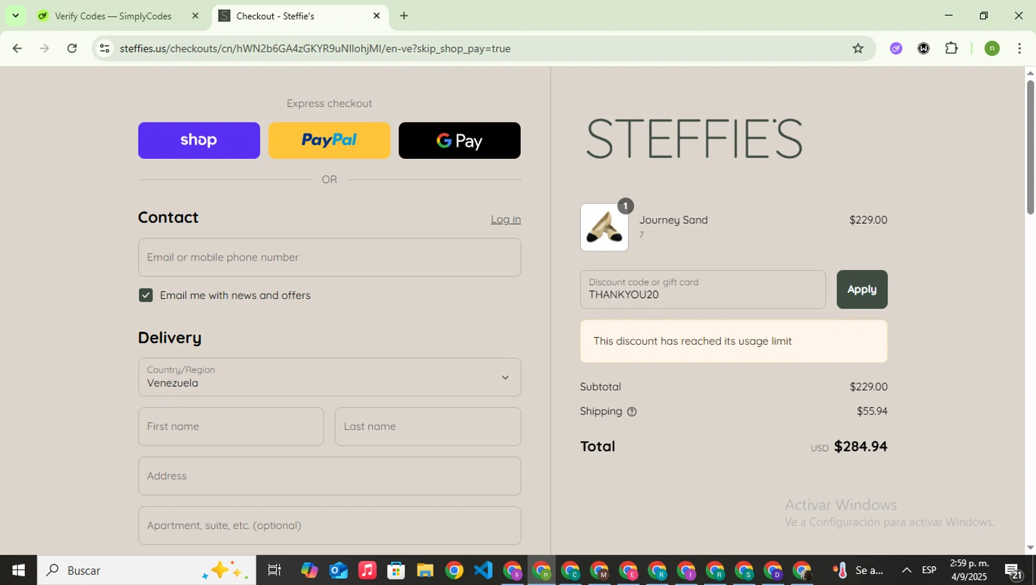 Steffie's promo code screenshot showing code THANKYOU20 applied at Steffie's checkout page. Uploaded by SimplyCodes community member SwiftSaver6197 on Sep 4, 2025