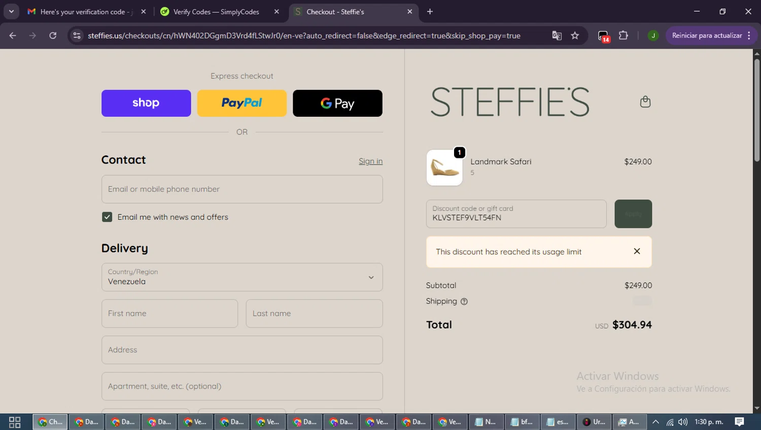 Steffie's promo code screenshot showing code KLVSTEF9VLT54FN applied at Steffie's checkout page. Uploaded by SimplyCodes community member SmartLion6646 on Oct 11, 2025