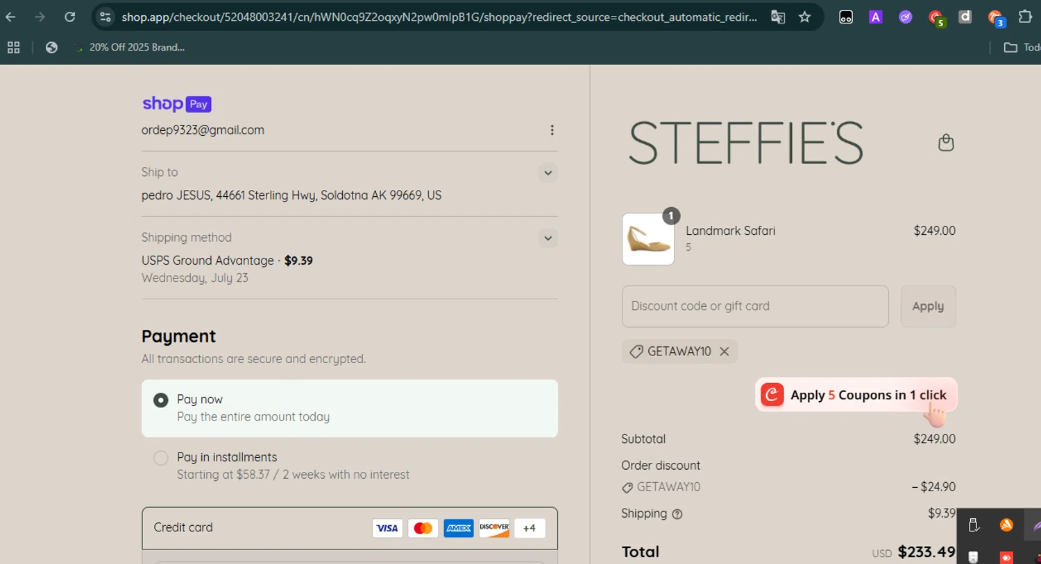 Steffie's promo code screenshot showing code GETAWAY10 applied at Steffie's checkout page. Uploaded by SimplyCodes community member harinapan on Jul 14, 2025