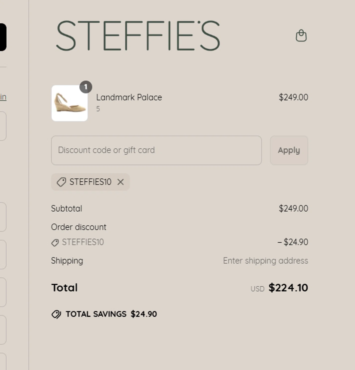 Steffie's promo code screenshot showing code STEFFIES10 applied at Steffie's checkout page. Uploaded by SimplyCodes community member aumentadax10 on May 10, 2025