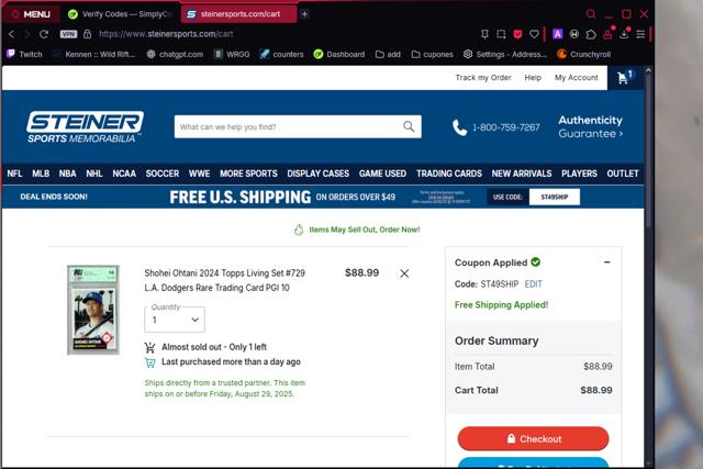 Steiner Sports checkout page showing Steiner Sports promo code box | Screenshot taken by SimplyCodes community member on Aug 27, 2025