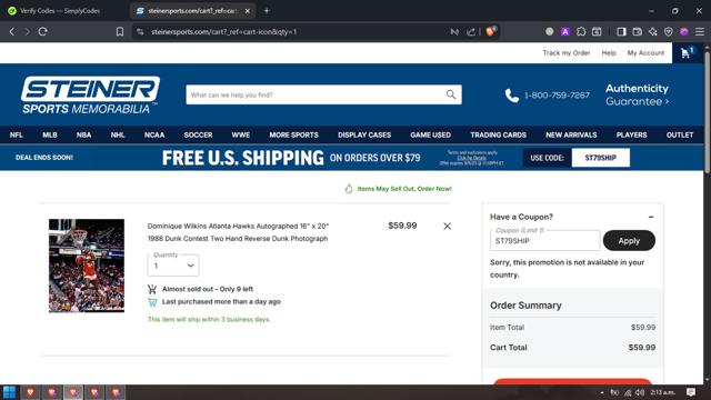 Steiner Sports checkout page showing Steiner Sports promo code box | Screenshot taken by SimplyCodes community member on Sep 6, 2025