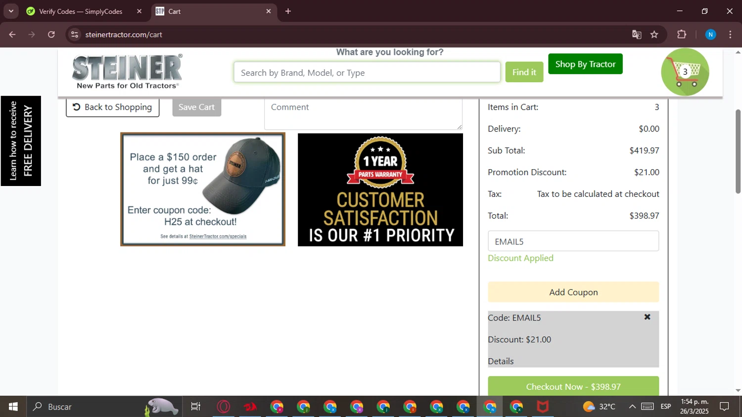 Steiner Tractor coupon code screenshot showing code EMAIL5 applied at Steiner Tractor checkout page. Uploaded by SimplyCodes community member CashCollector6189 on Mar 26, 2025