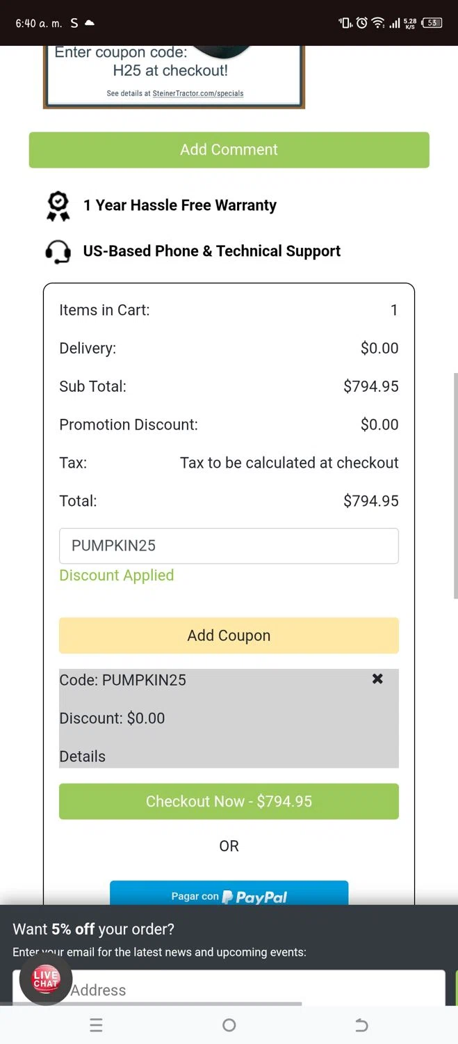 Steiner Tractor checkout page showing Steiner Tractor coupon code box | Screenshot taken by SimplyCodes community member on Oct 27, 2025