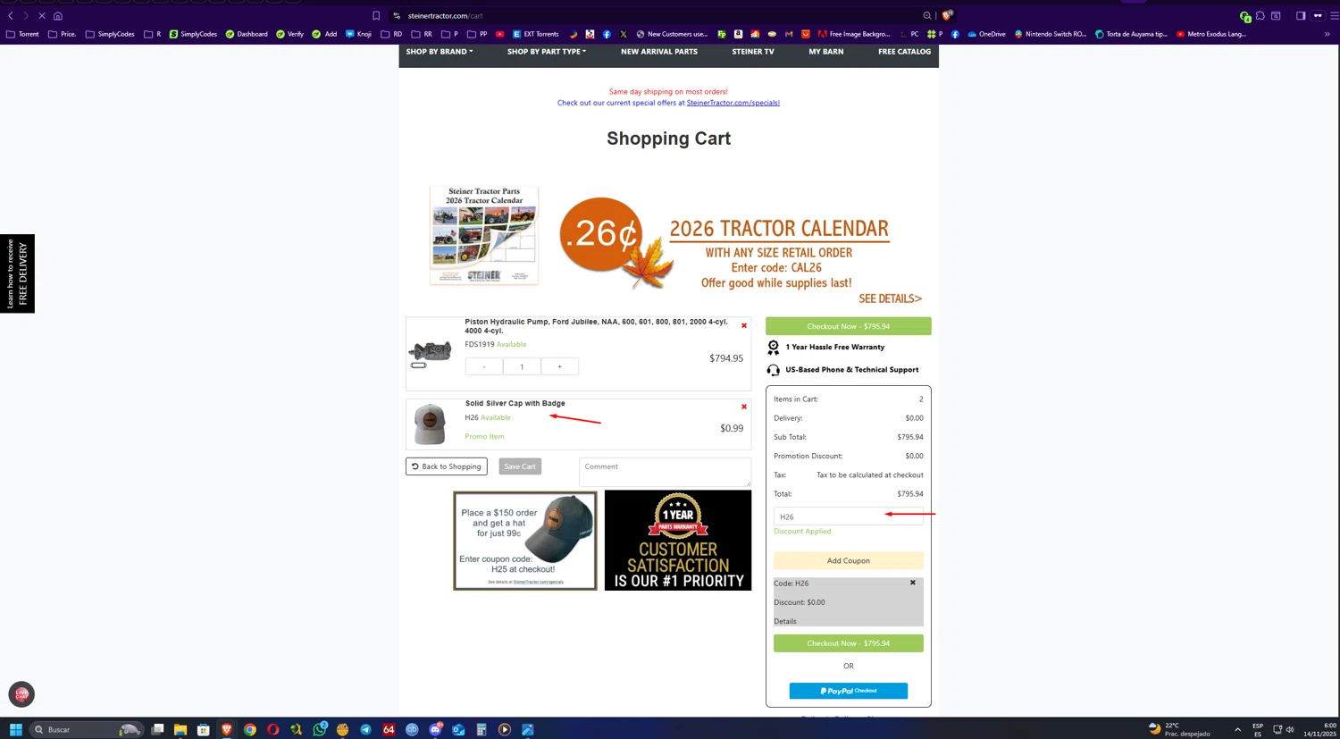 Steiner Tractor coupon code screenshot showing code H26 applied at Steiner Tractor checkout page. Uploaded by SimplyCodes community member UnkNownVnzla on Nov 14, 2025