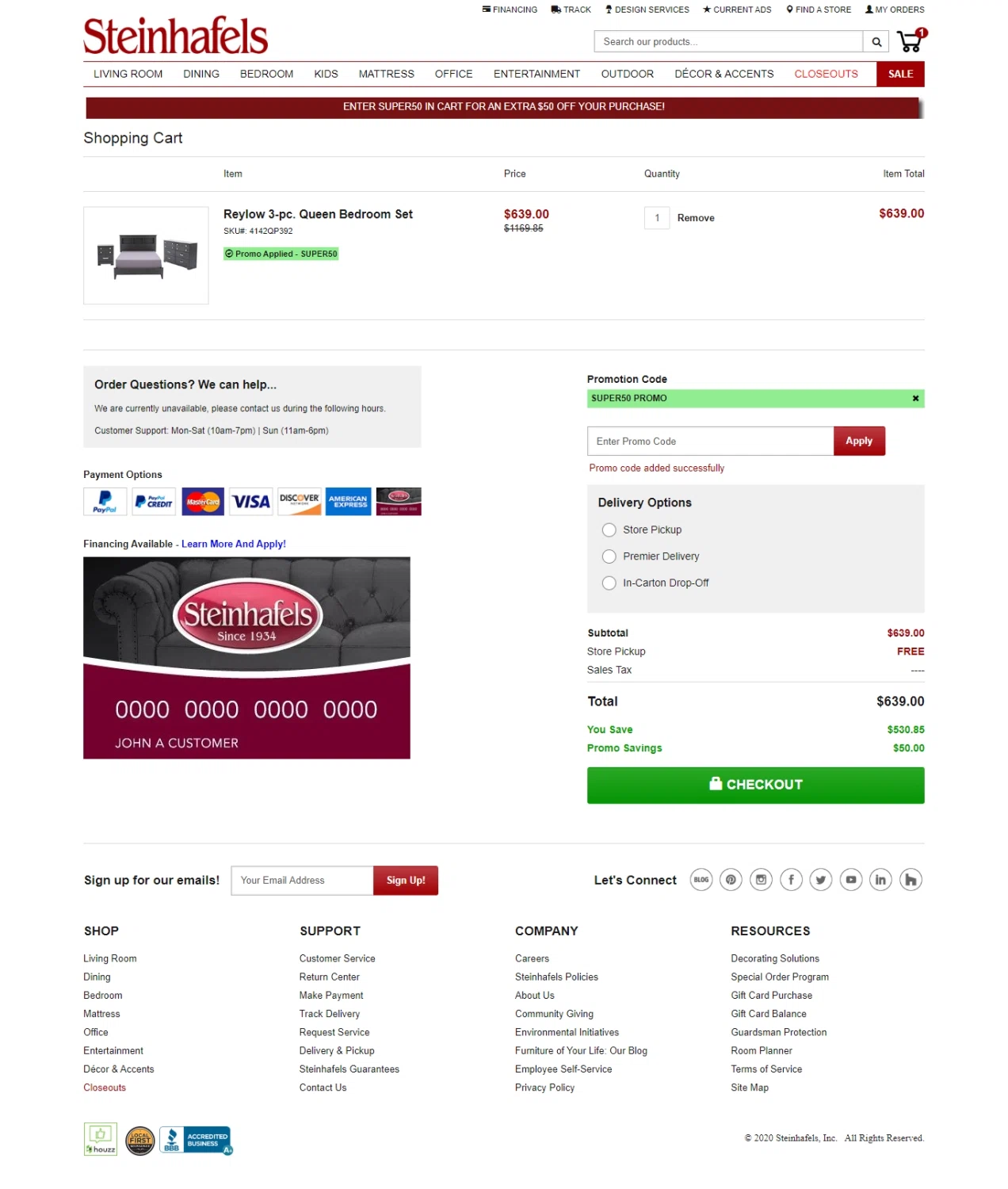 Steinhafels checkout page showing Steinhafels promo code box | Screenshot taken by SimplyCodes community member on Aug 28, 2020