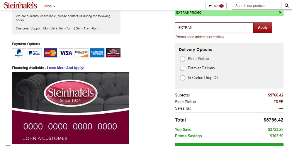 Steinhafels checkout page showing Steinhafels promo code box | Screenshot taken by SimplyCodes community member on Jun 25, 2020