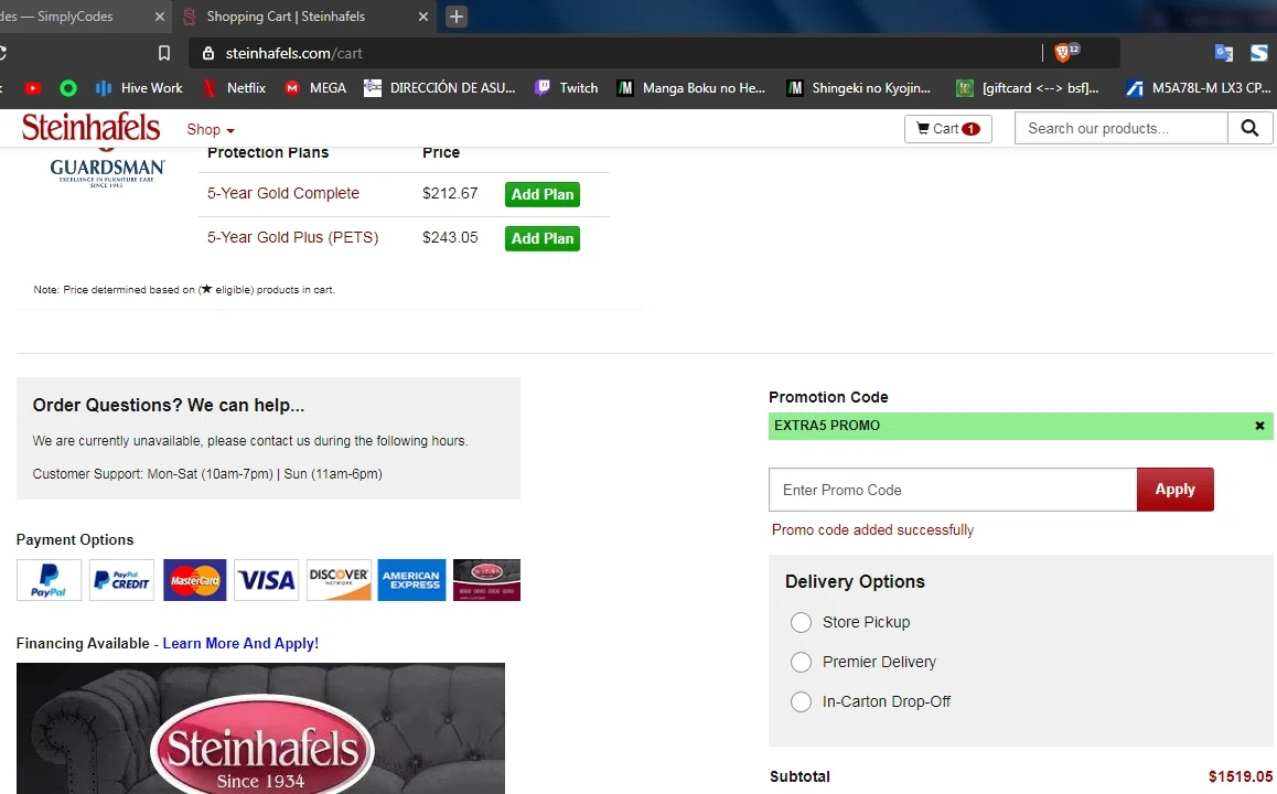 Steinhafels checkout page showing Steinhafels promo code box | Screenshot taken by SimplyCodes community member on Jul 8, 2020