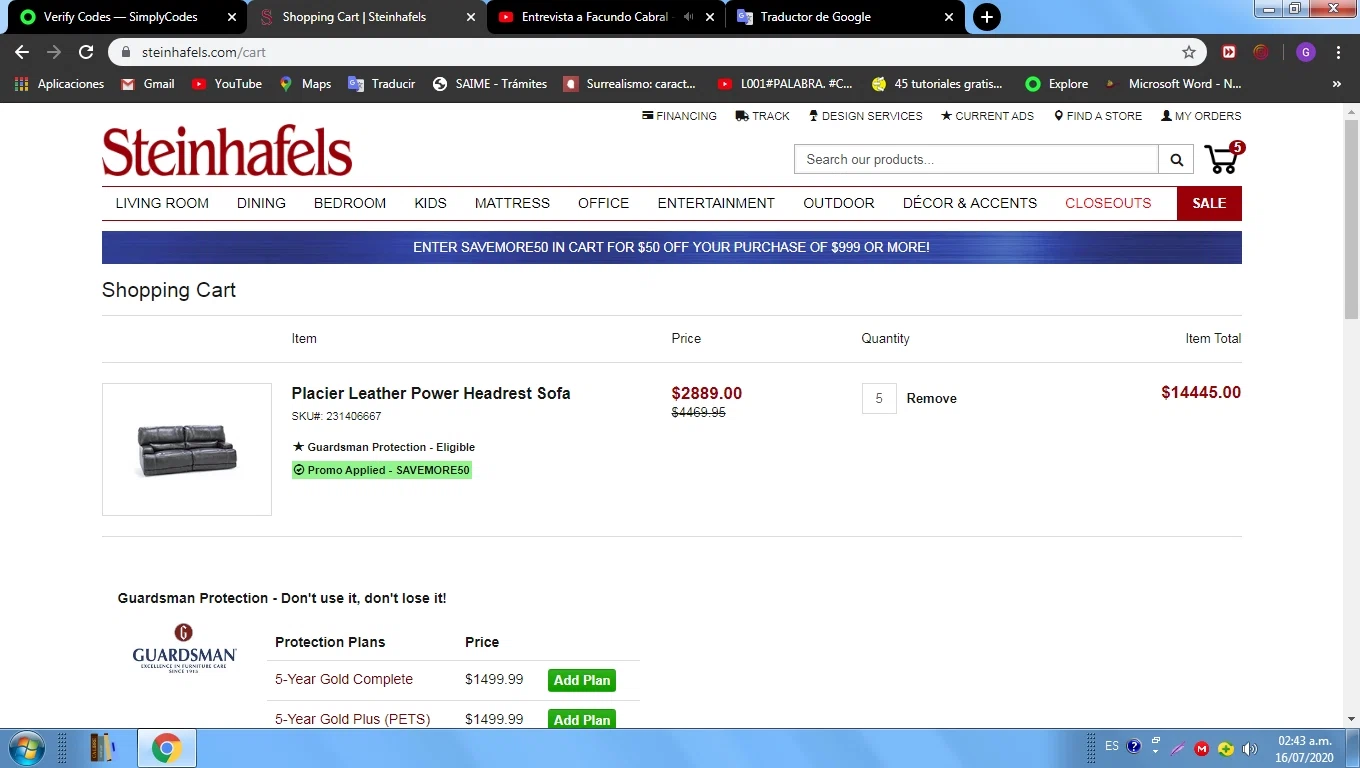 Steinhafels checkout page showing Steinhafels promo code box | Screenshot taken by SimplyCodes community member on Jul 15, 2020