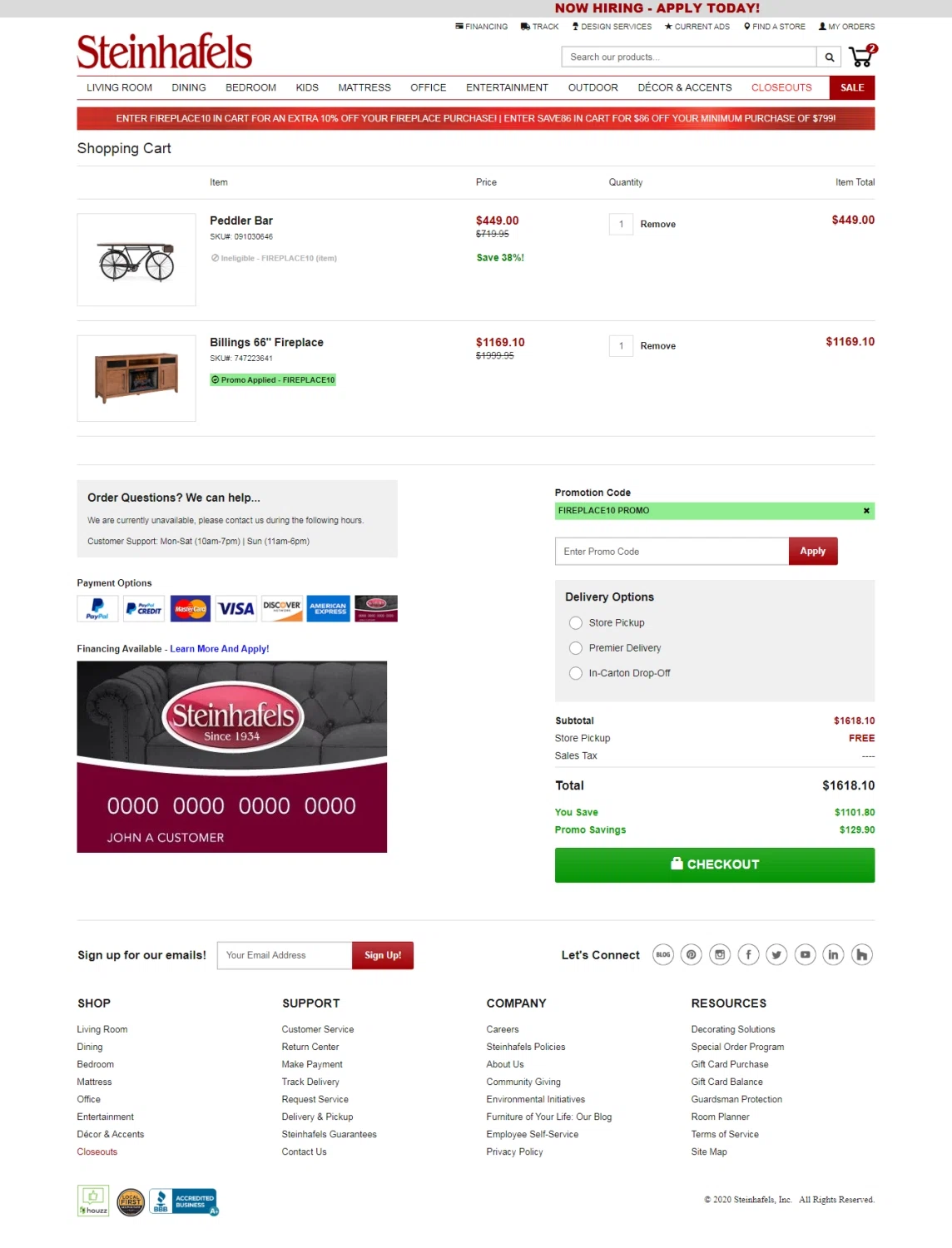 Steinhafels checkout page showing Steinhafels promo code box | Screenshot taken by SimplyCodes community member on Oct 14, 2020