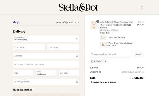 Stella & Dot checkout page showing Stella & Dot promo code box | Screenshot taken by SimplyCodes community member on Sep 2, 2025
