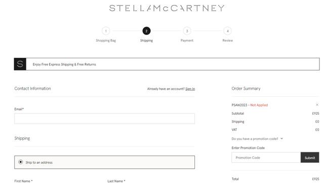 Stella McCartney checkout page showing Stella McCartney promo code box | Screenshot taken by SimplyCodes community member on Nov 24, 2023