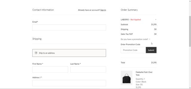 Stella McCartney checkout page showing Stella McCartney promo code box | Screenshot taken by SimplyCodes community member on Aug 31, 2024