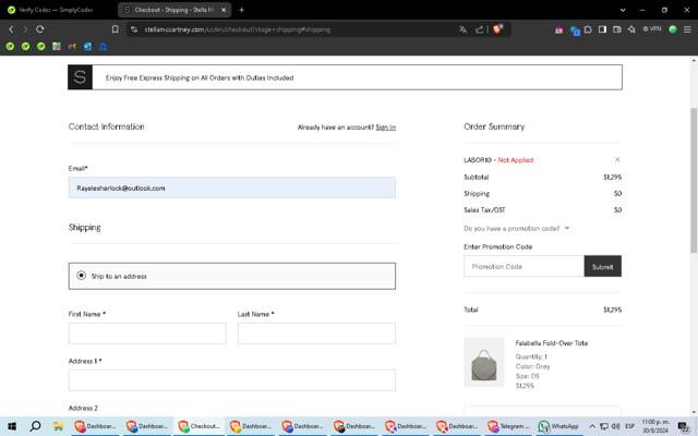 Stella McCartney checkout page showing Stella McCartney promo code box | Screenshot taken by SimplyCodes community member on Aug 31, 2024