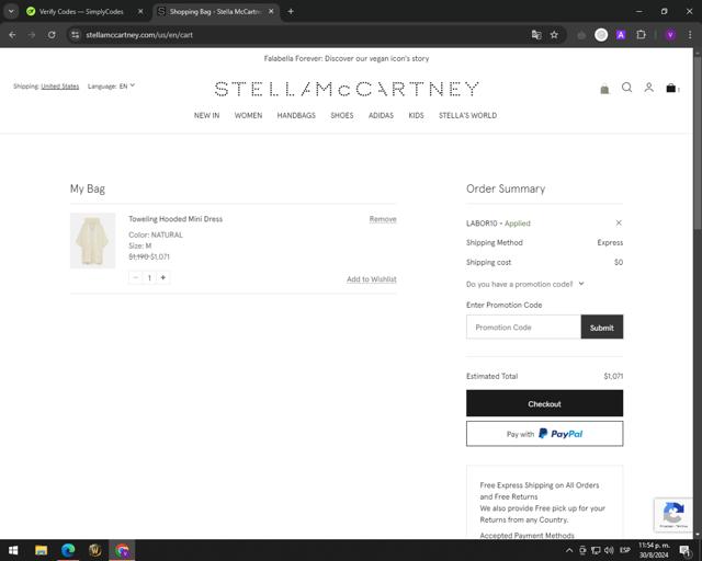 Stella McCartney checkout page showing Stella McCartney promo code box | Screenshot taken by SimplyCodes community member on Aug 31, 2024