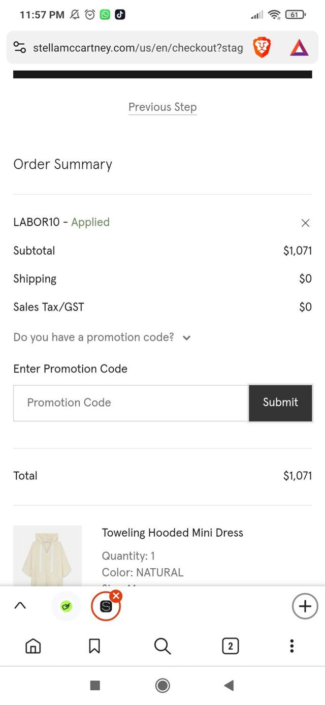 Stella McCartney checkout page showing Stella McCartney promo code box | Screenshot taken by SimplyCodes community member on Aug 31, 2024