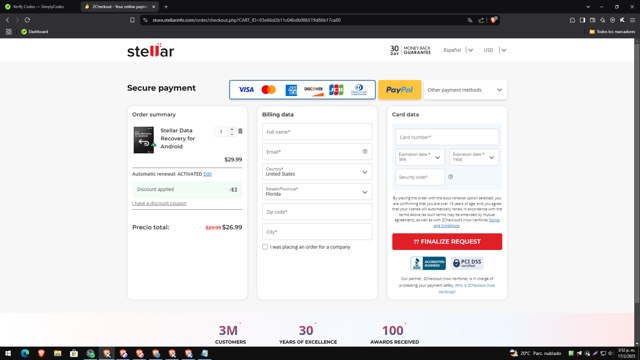 Stellar Data Recovery checkout page showing Stellar Data Recovery discount code box | Screenshot taken by SimplyCodes community member on Feb 17, 2025