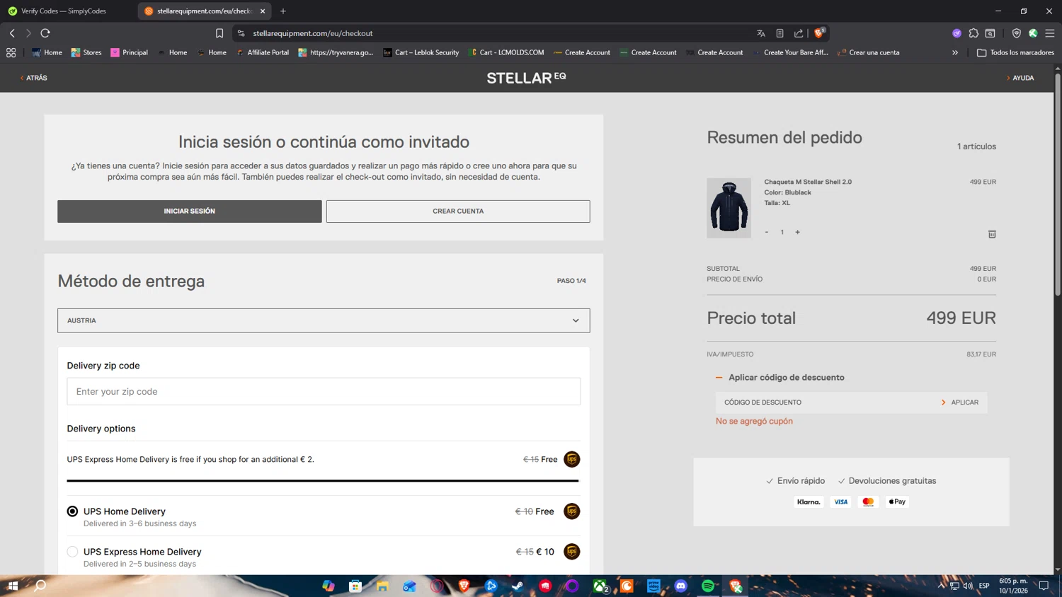 Stellar Equipment promo code screenshot showing code 10YearAnniversaryOffer applied at Stellar Equipment checkout page. Uploaded by SimplyCodes community member SimplyNerd on Jan 10, 2026