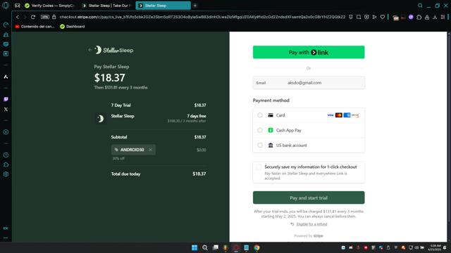 Stellar Sleep checkout page showing Stellar Sleep promo code box | Screenshot taken by SimplyCodes community member on Apr 25, 2025