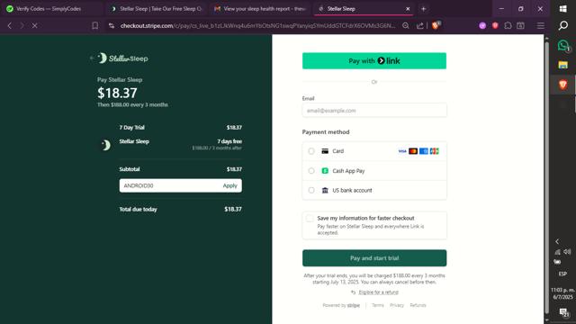 Stellar Sleep checkout page showing Stellar Sleep promo code box | Screenshot taken by SimplyCodes community member on Jul 7, 2025