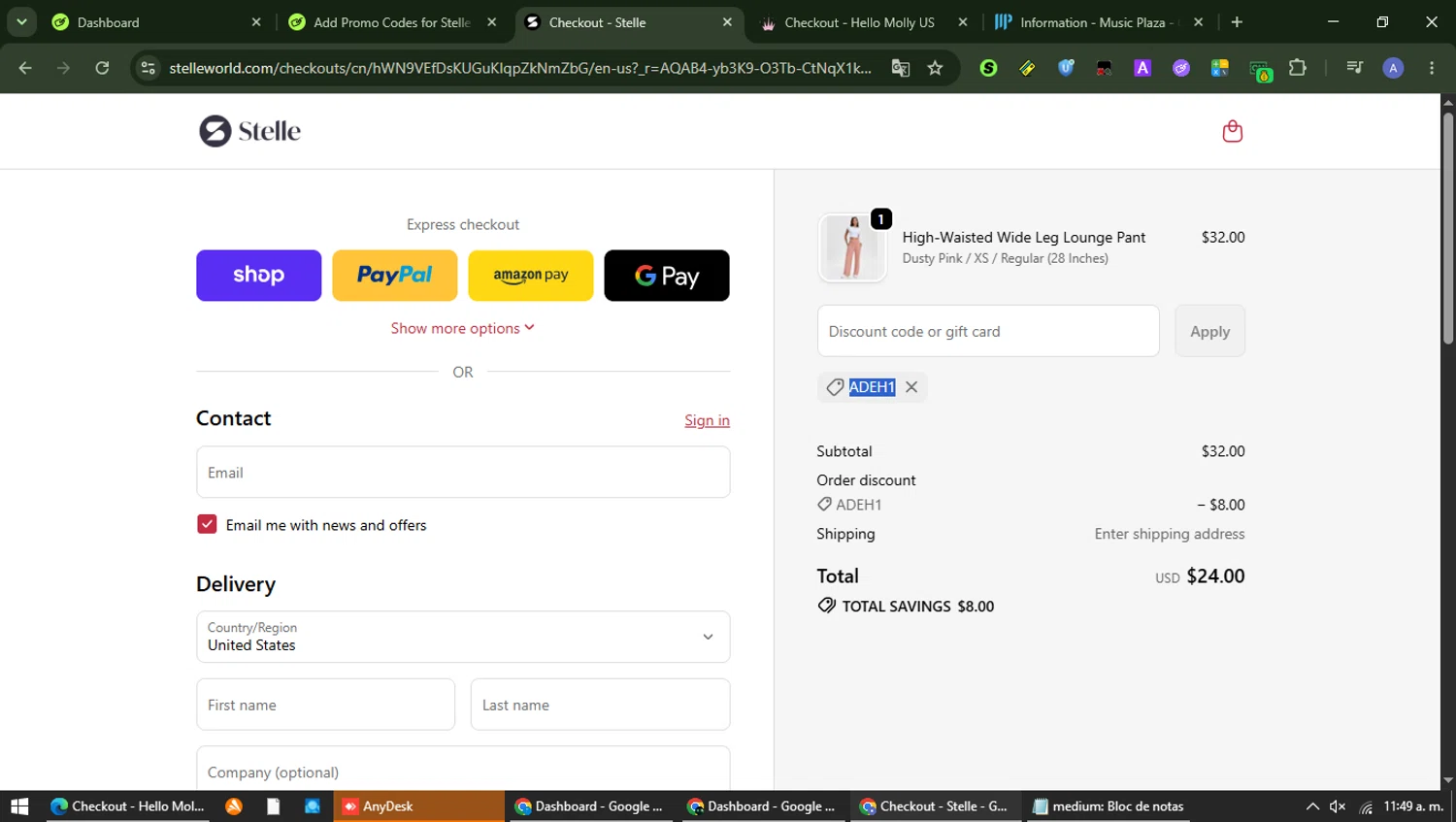 Stelle World promo code screenshot showing code ADEH1 applied at Stelle World checkout page. Uploaded by SimplyCodes community member Carolina23 on Jun 18, 2026