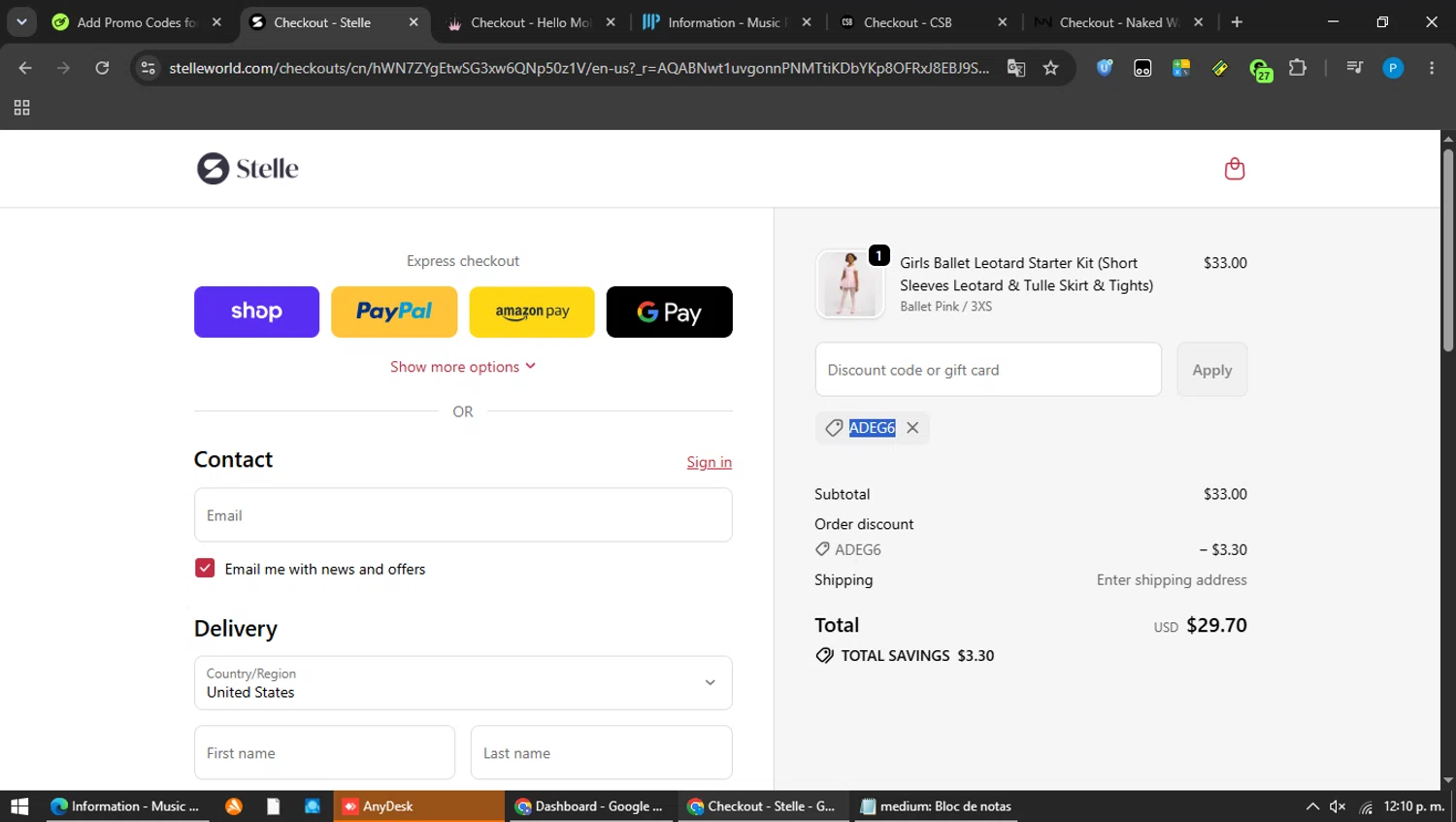 Stelle World promo code screenshot showing code ADEG6 applied at Stelle World checkout page. Uploaded by SimplyCodes community member MAVESA on Jun 9, 2026
