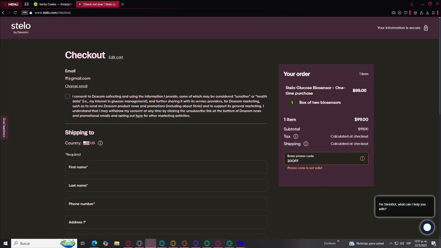 Stelo promo code screenshot showing code 20OFF applied at Stelo checkout page. Uploaded by SimplyCodes community member FortunateSage9479 on Mar 22, 2025