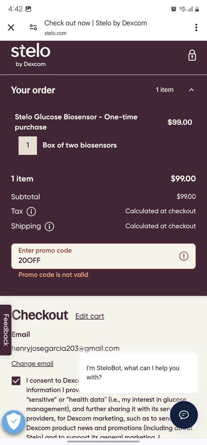 Stelo promo code screenshot showing code 20OFF applied at Stelo checkout page. Uploaded by SimplyCodes community member CleverPhoenix2364 on Apr 26, 2025