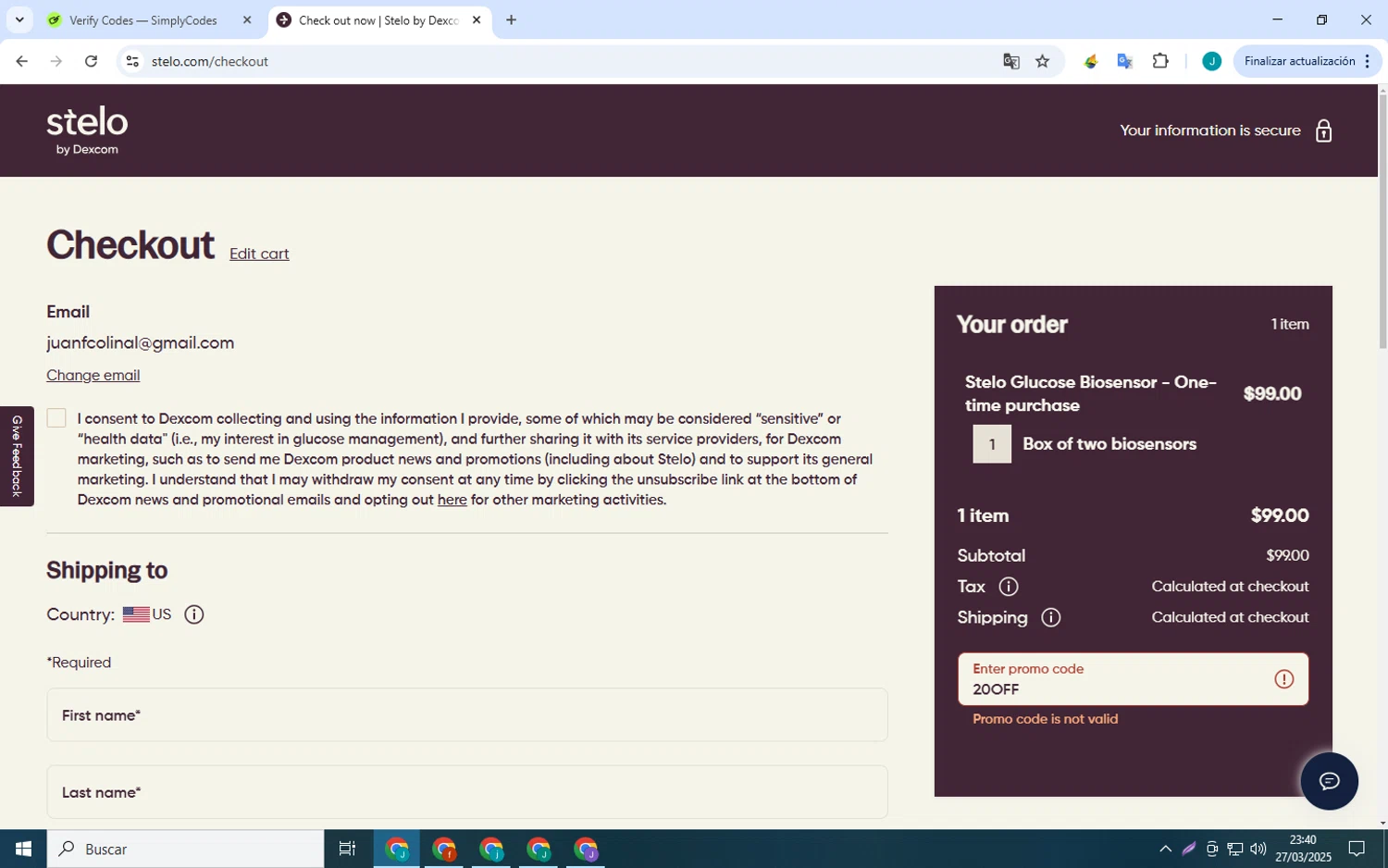 Stelo promo code screenshot showing code 20OFF applied at Stelo checkout page. Uploaded by SimplyCodes community member collug_2_0 on Mar 28, 2025