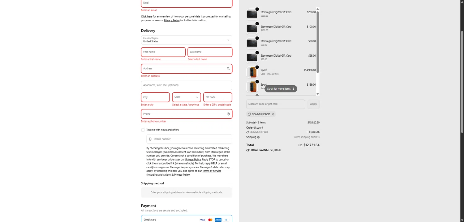 Stemregen discount code screenshot showing code COMMUNEPOD applied at Stemregen checkout page. Uploaded by SimplyCodes community member CodeAce1208 on Jan 15, 2026