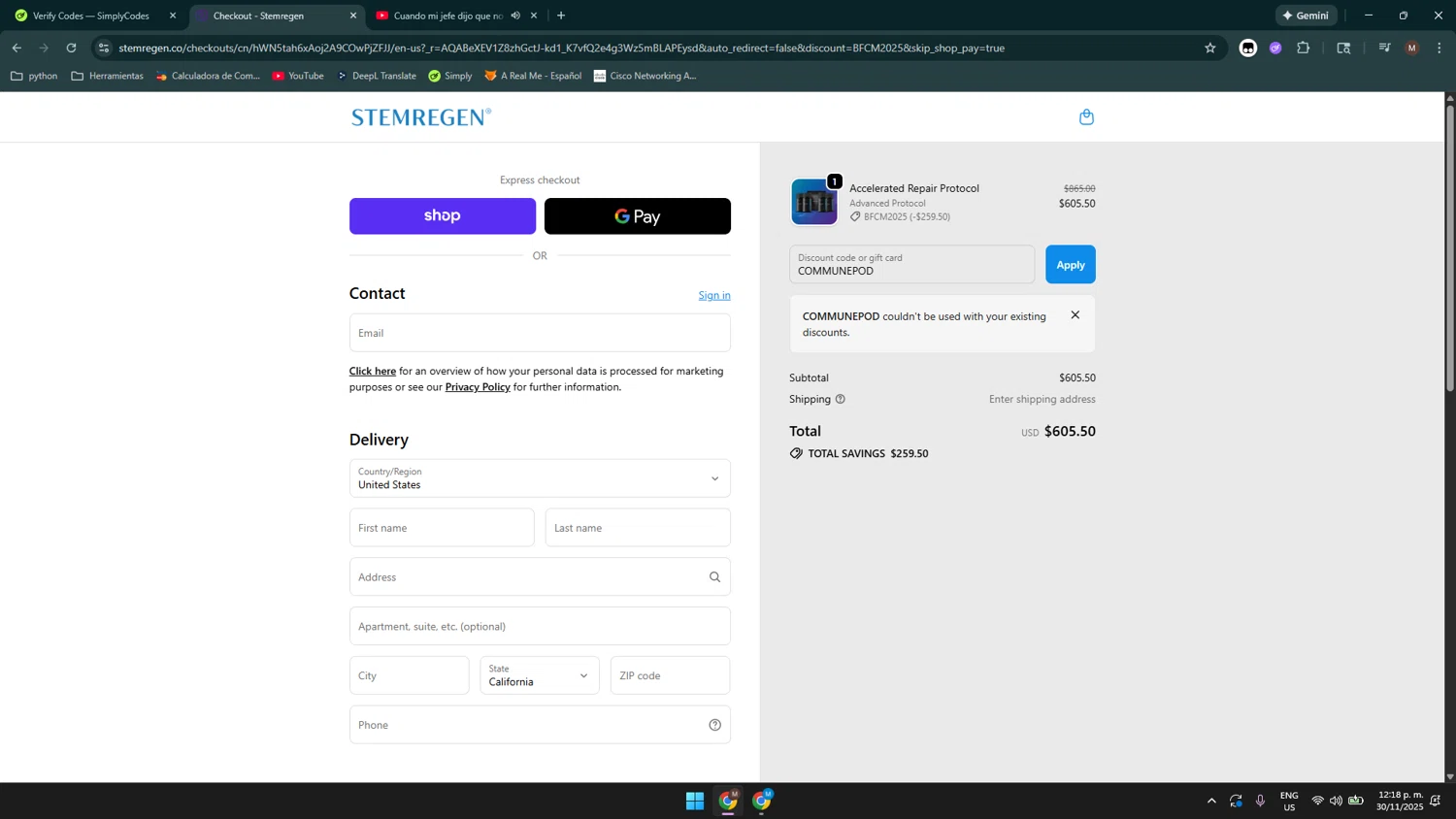 Stemregen discount code screenshot showing code COMMUNEPOD applied at Stemregen checkout page. Uploaded by SimplyCodes community member Maocar on Nov 30, 2025