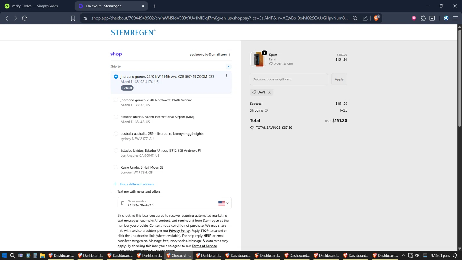 Stemregen discount code screenshot showing code DAVE applied at Stemregen checkout page. Uploaded by SimplyCodes community member SoulPower on Nov 15, 2025