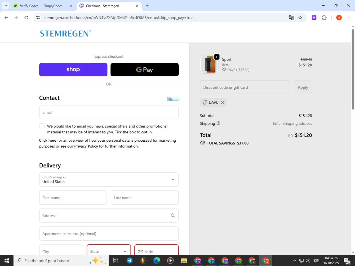 Stemregen discount code screenshot showing code DAVE applied at Stemregen checkout page. Uploaded by SimplyCodes community member partenalgas on Oct 30, 2025