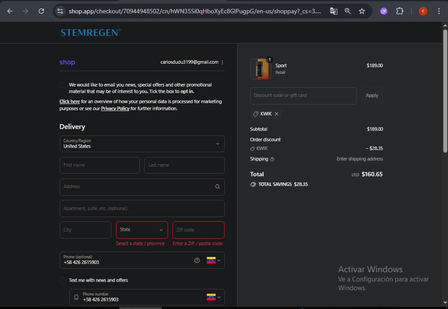 Stemregen discount code screenshot showing code KWIK applied at Stemregen checkout page. Uploaded by SimplyCodes community member CashSage6731 on Sep 17, 2025