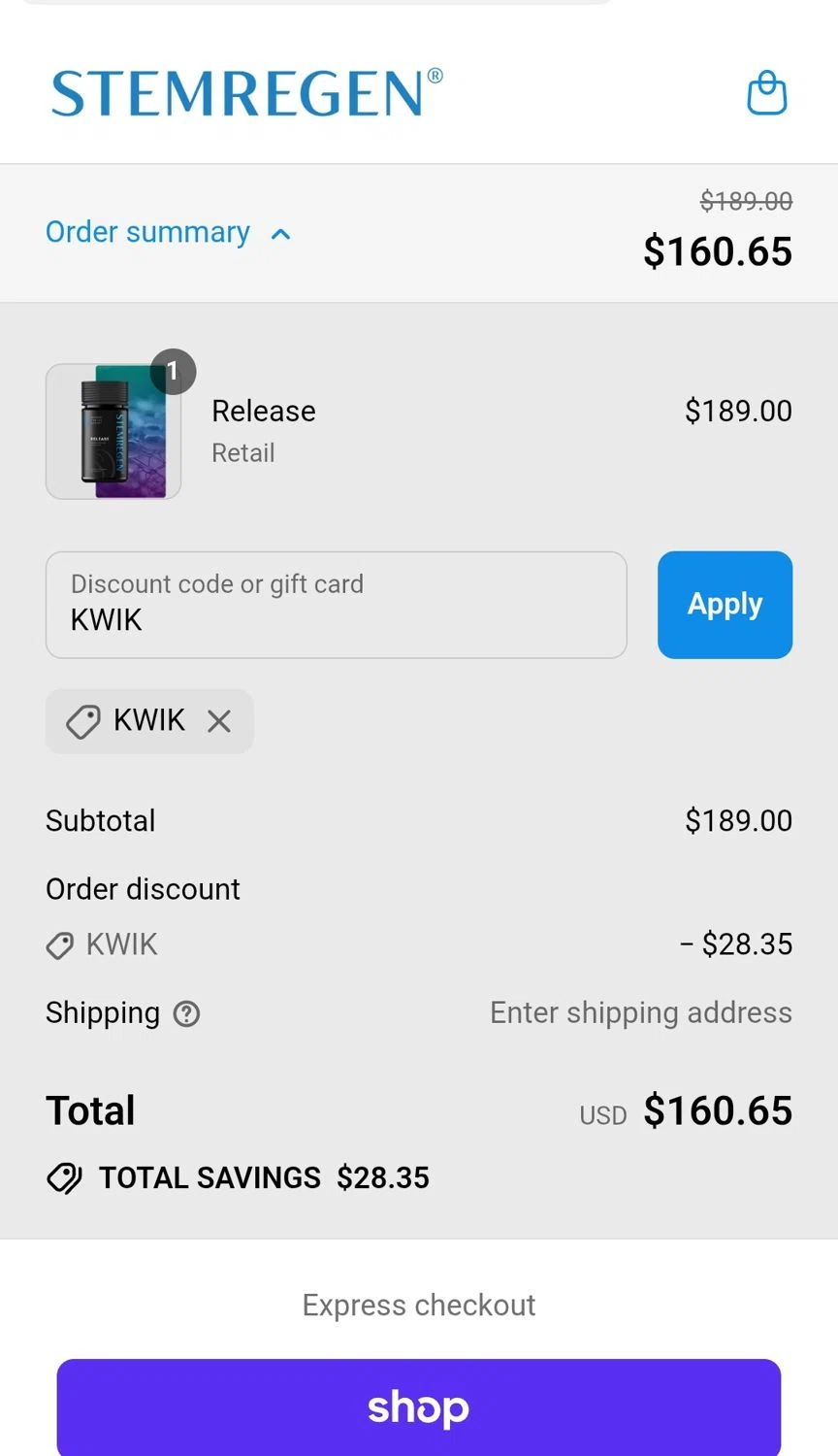 Stemregen discount code screenshot showing code KWIK applied at Stemregen checkout page. Uploaded by SimplyCodes community member JuanMonge on Sep 6, 2025
