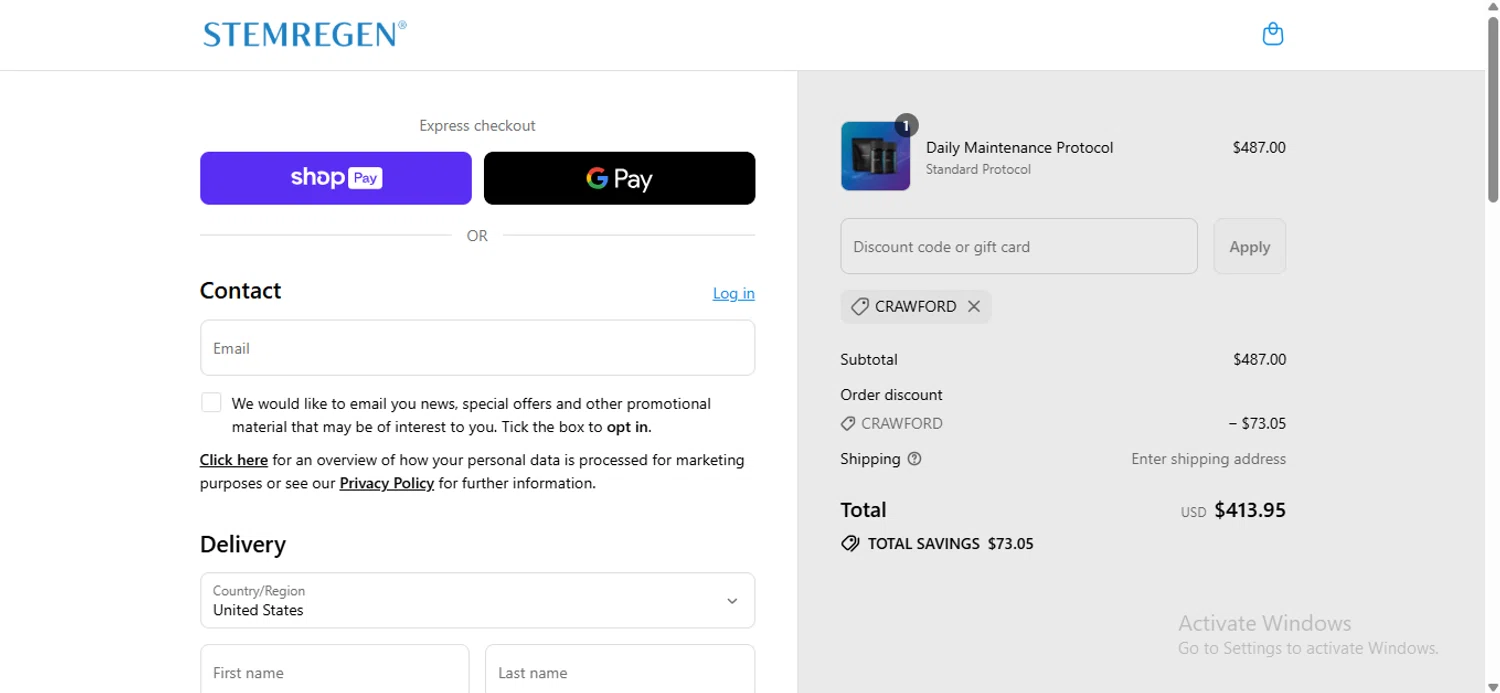 Stemregen discount code screenshot showing code Crawford applied at Stemregen checkout page. Uploaded by SimplyCodes community member anosesmith on Aug 20, 2025