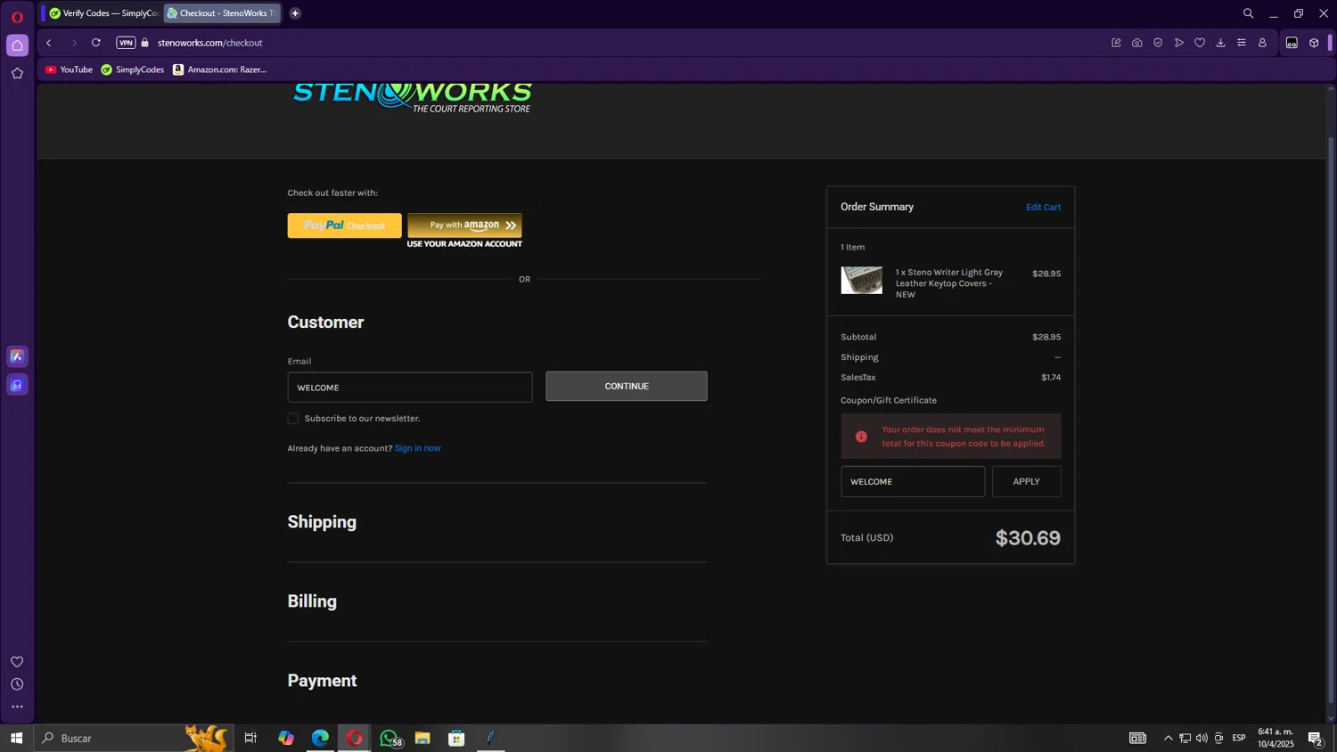 StenoWorks coupon code screenshot showing code WELCOME applied at StenoWorks checkout page. Uploaded by SimplyCodes community member Gojira on Apr 10, 2025