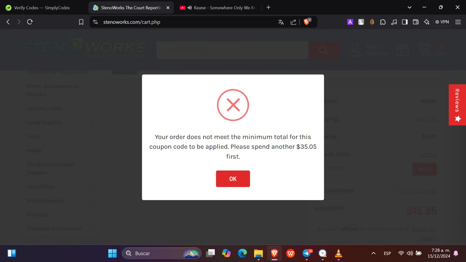 StenoWorks checkout page showing StenoWorks coupon code box | Screenshot taken by SimplyCodes community member on Dec 15, 2024