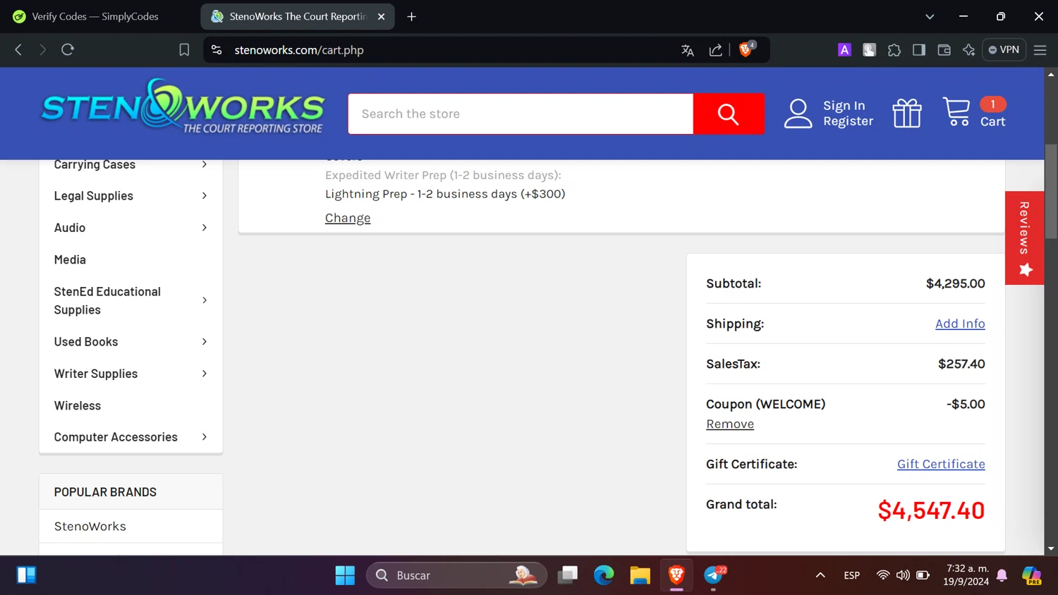StenoWorks checkout page showing StenoWorks coupon code box | Screenshot taken by SimplyCodes community member on Sep 19, 2024