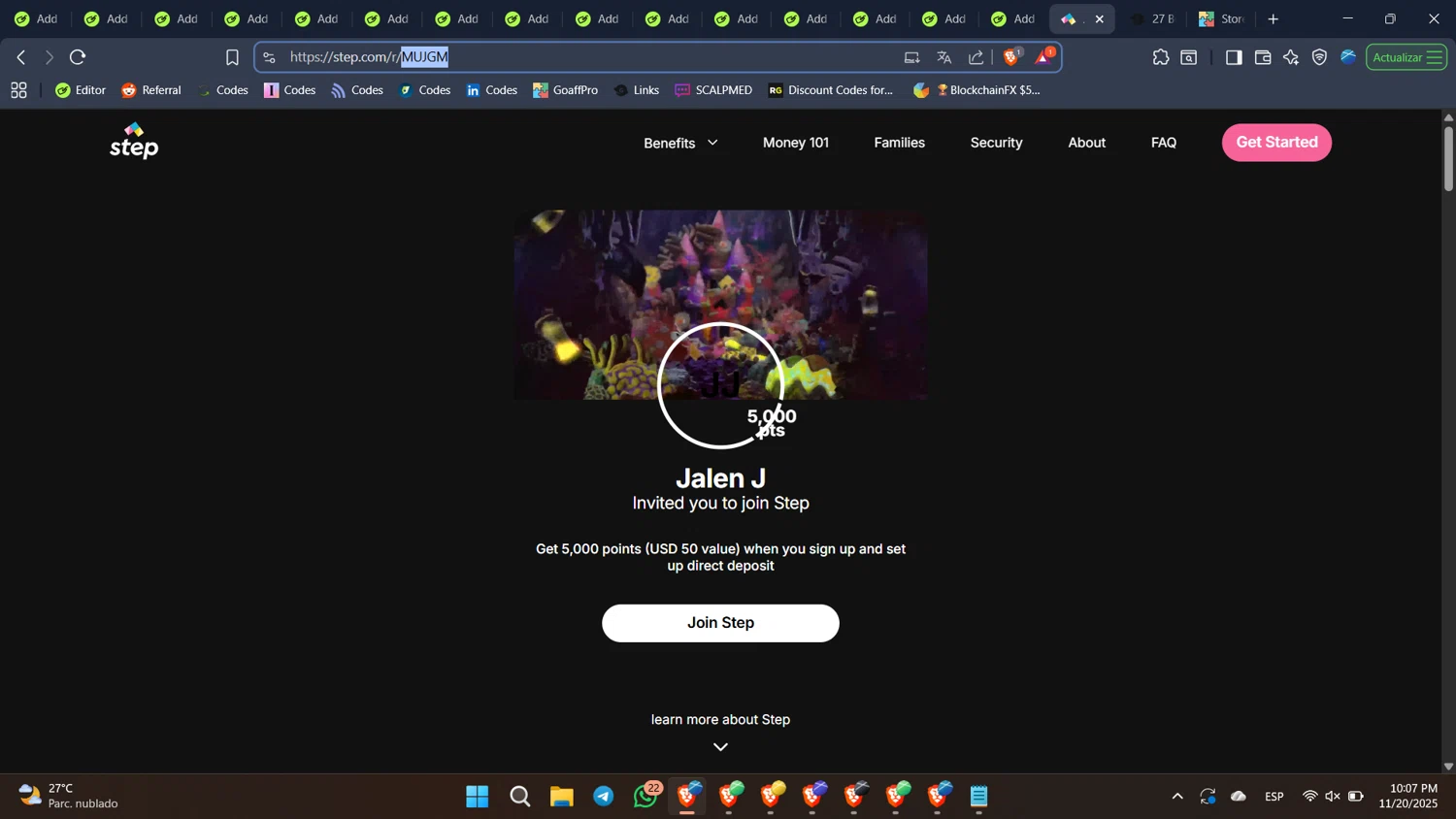 Step coupon code screenshot showing code MUJGM applied at Step checkout page. Uploaded by SimplyCodes community member BabaYaga on Nov 21, 2025