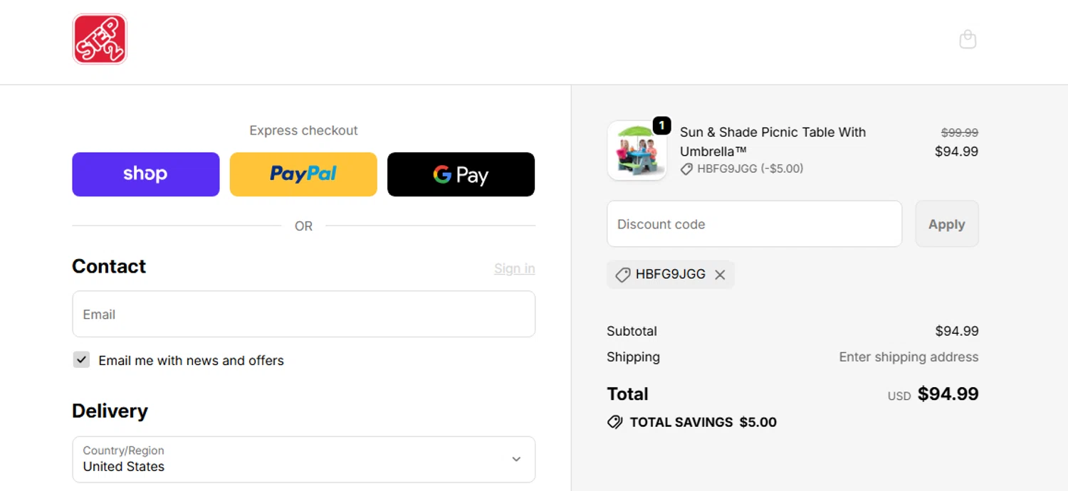 Step2 promo code screenshot showing code HBFG9JGG applied at Step2 checkout page. Uploaded by SimplyCodes community member PaulSkenes on Jun 9, 2026